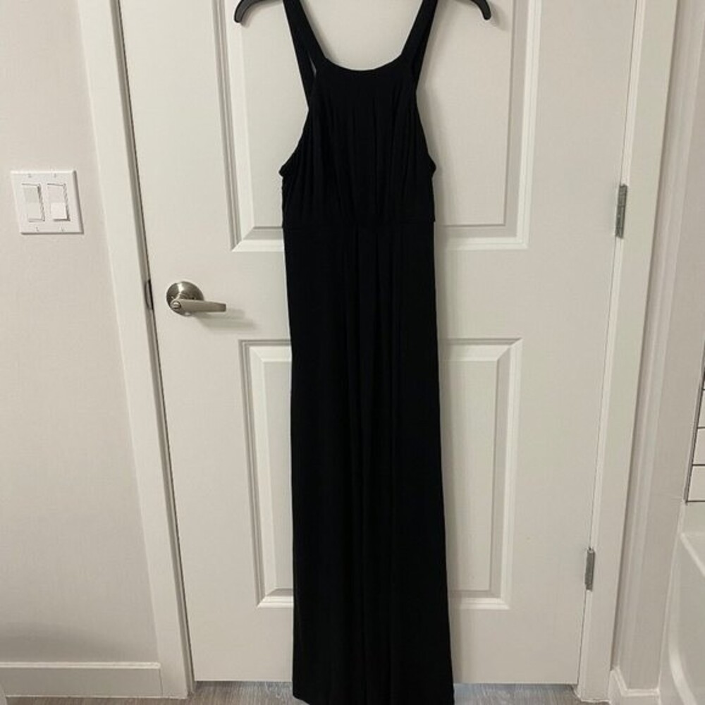 Soma Black Jersey Maxi Dress Medium M Draped Pleated High Neck Pockets Flaw
